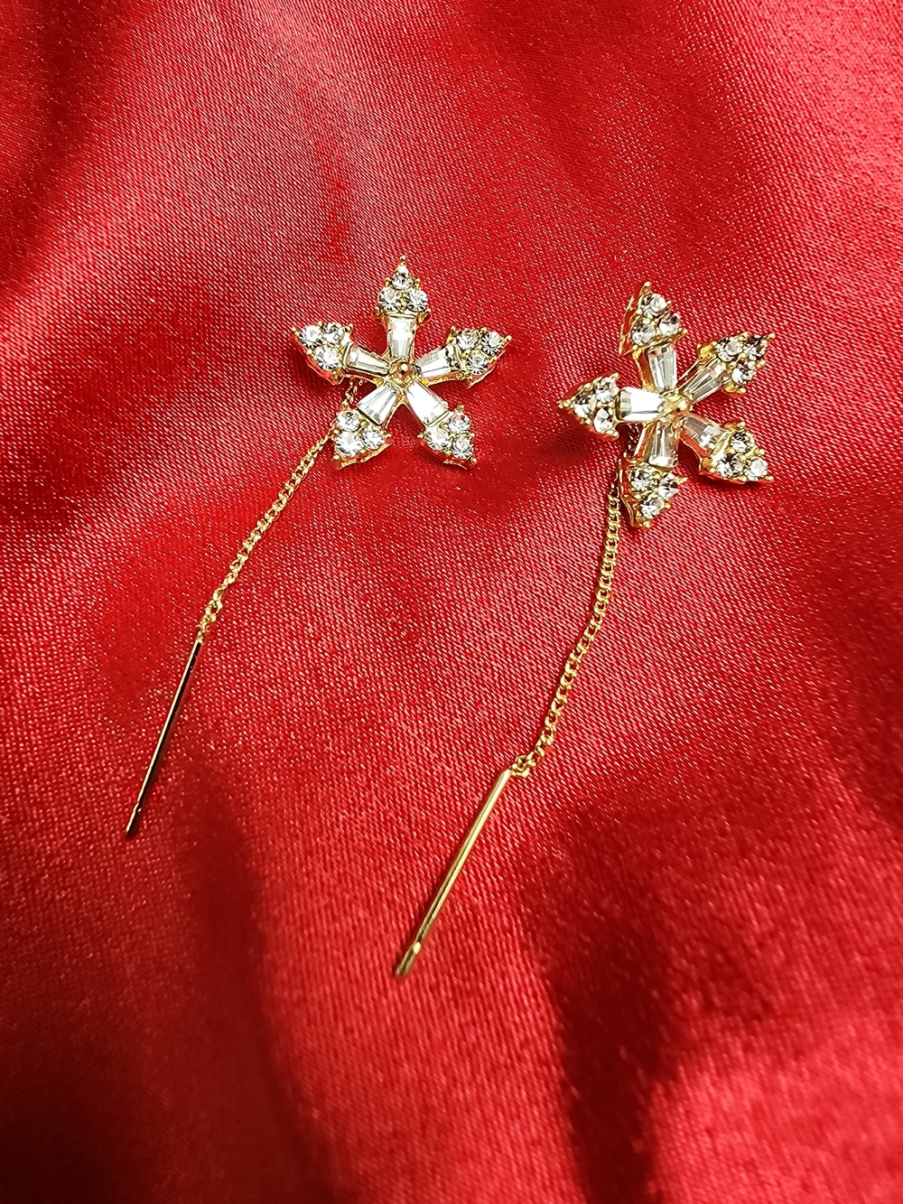 Gold Floral Crystal Threader Earrings - Women Jewelry